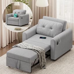 Sofa Bed, 3 in 1 Convertible Single Sofa Bed with USB & Type-C Ports, Pull Out Linen Single Sleeper Chair with Pocket