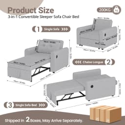 Sofa Bed, 3 in 1 Convertible Single Sofa Bed with USB & Type-C Ports, Pull Out Linen Single Sleeper Chair with Pocket