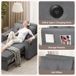 Sofa Bed, 3 in 1 Convertible Single Sofa Bed with USB & Type-C Ports, Pull Out Linen Single Sleeper Chair with Pocket