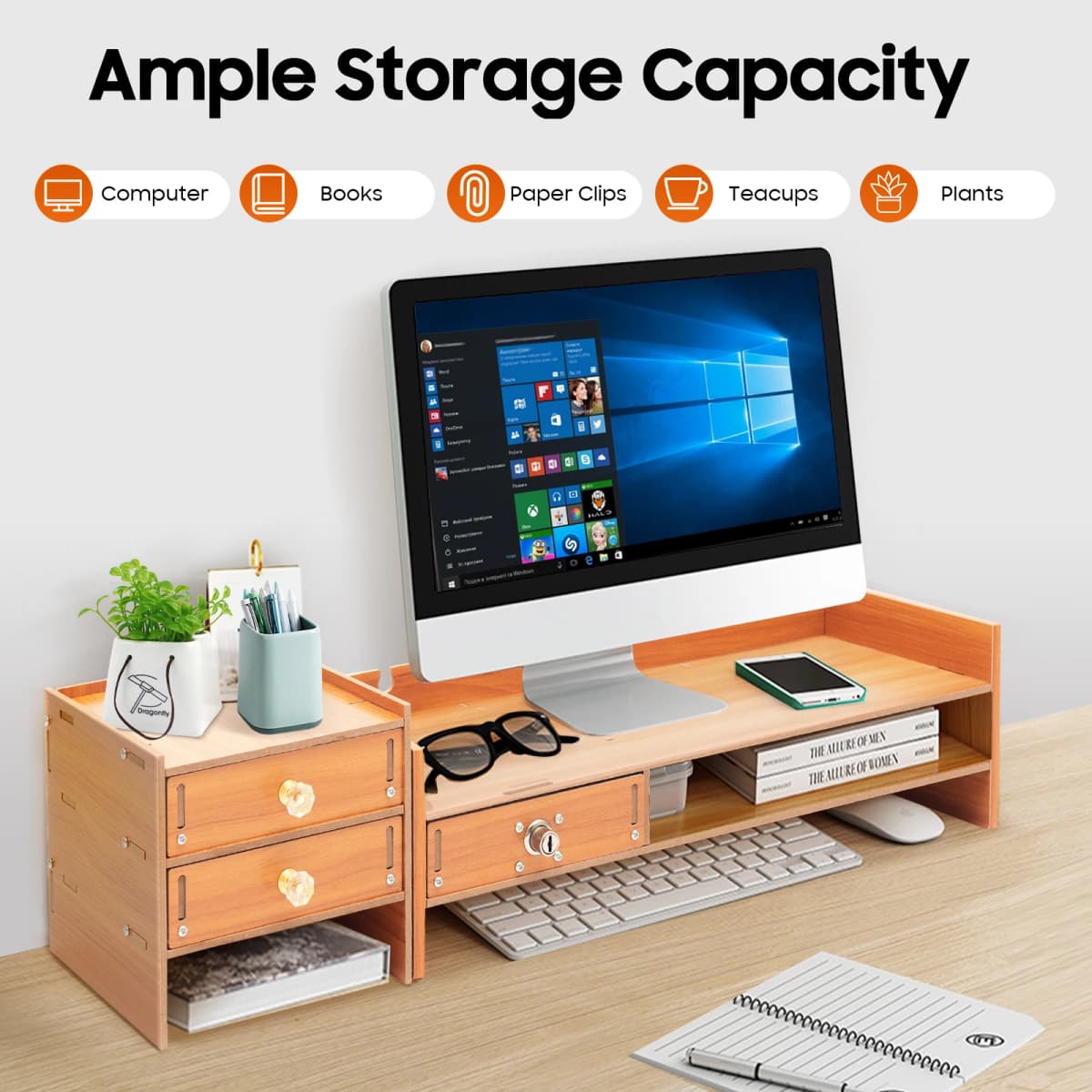3 Drawers Computer Storage Rack Computer Monitor Stand Office Desktop Organizer Cabinet 2* Keys for Study, Office, Living Room