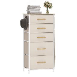 YITAHOME 5-Drawer Fabric Dresser w/Side Pockets & Hooks - Metal Frame & Wood Top for Bedroom, Nursery, Hallway (Beige)