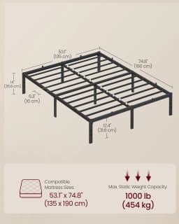 VASAGLE Double Metal Bed Frame, 135 x 190 cm, Under-Bed Space, Modern Style, for Guest Room, Easy Assembly