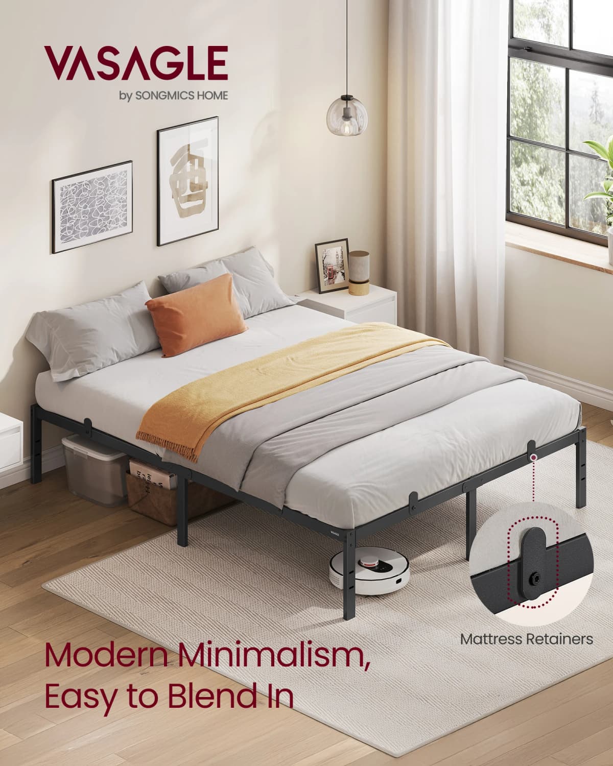 VASAGLE Double Metal Bed Frame, 135 x 190 cm, Under-Bed Space, Modern Style, for Guest Room, Easy Assembly