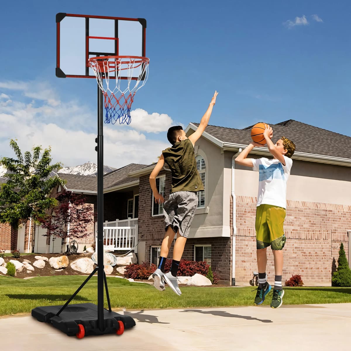 SPORTNOW Height Adjustable Basketball Hoop & Stand, Firm Backboard, Weighted Base, Portable, Wheels, 1.8-2.1m, Red