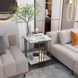 2-Tier Marble Sofa Side Table Coffee Table Modern Square Black Metal Frame for Living Room Accent