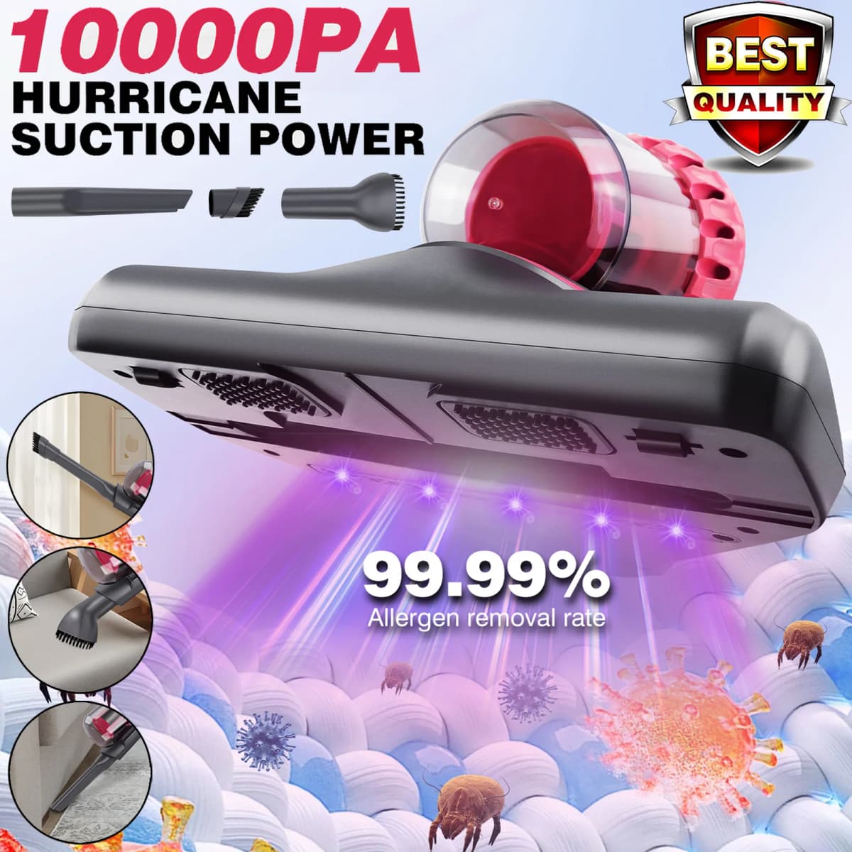 10000PA Mattress Vacuum Cleaner Ultraviolet Sterilization Machine Mini Handheld Wireless Mite Remover USB Charging Portable UV-C