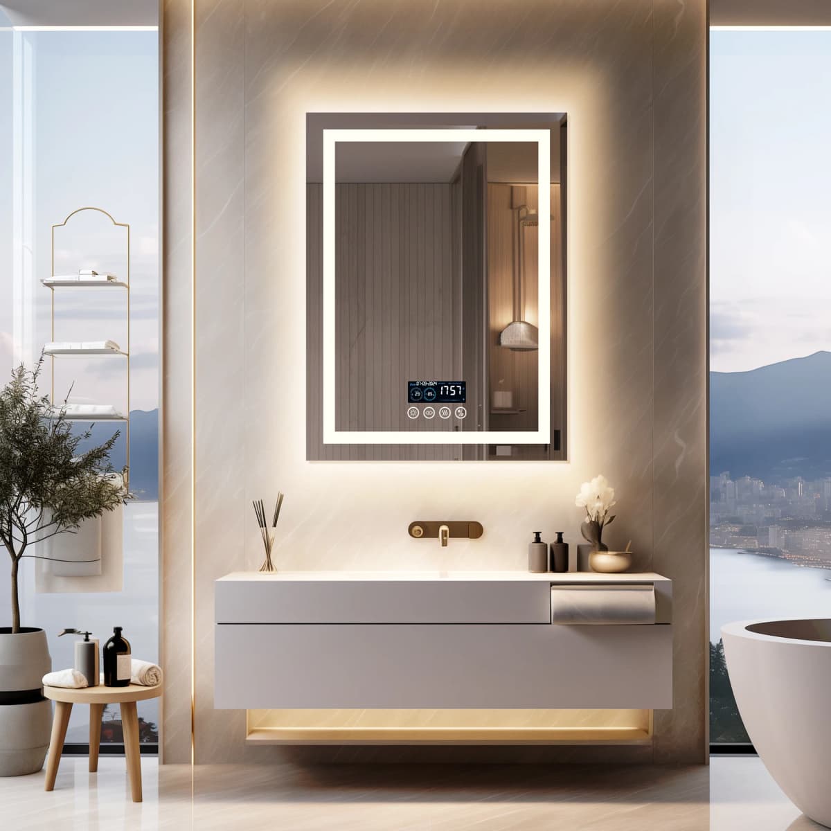 24 x 32 LED Bathroom Mirror with Bluetooth Smart Display Screen,Touch Button 3 Colors Dimmable Light, Anti-Fog, Memory