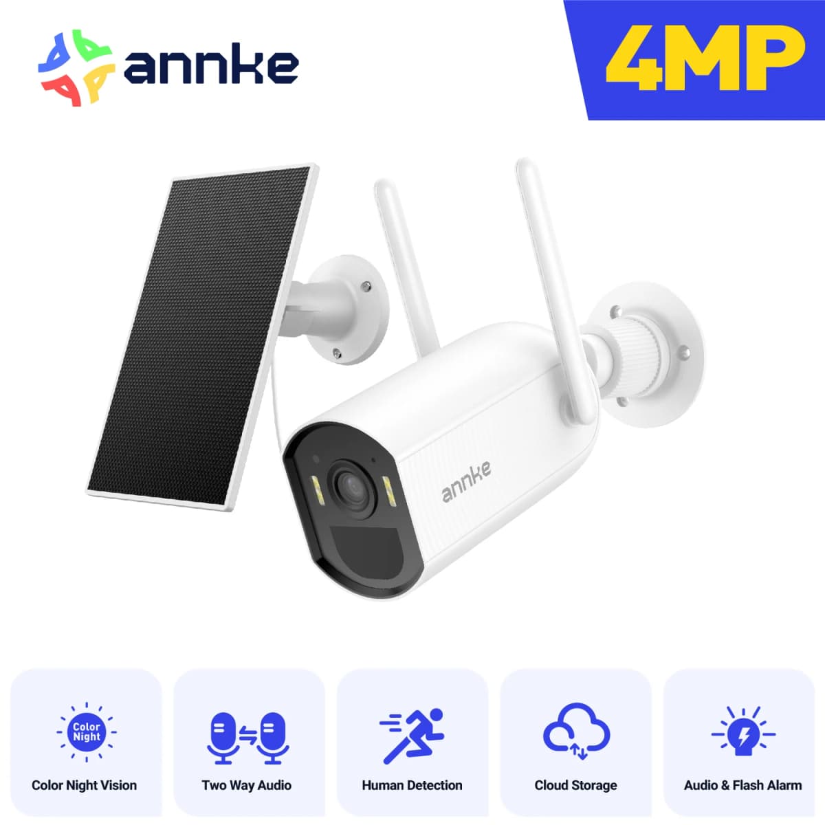 ANNKE 4MP Solar Battery Powered Wireless Security Camera 4MP Color Night Vision 2.4Ghz WiFi PIR Motion Outdoor IP Camera