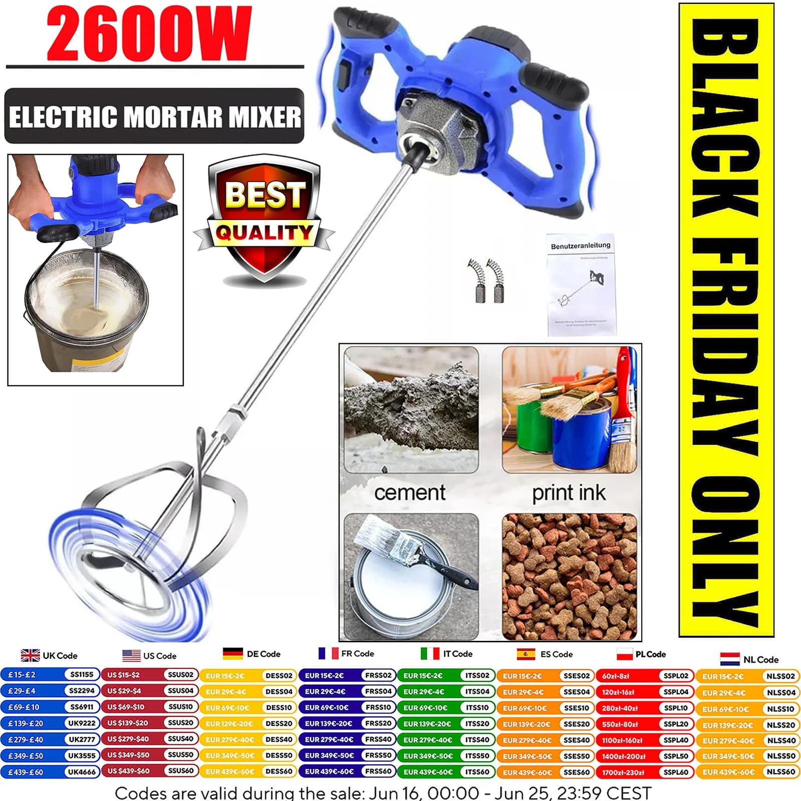 2600W Electric Concrete Mixer Industrial Mixer M14 Agitator 6 Variable Speeds Agitator Machine for Mixing Paint, Cement, Etc.