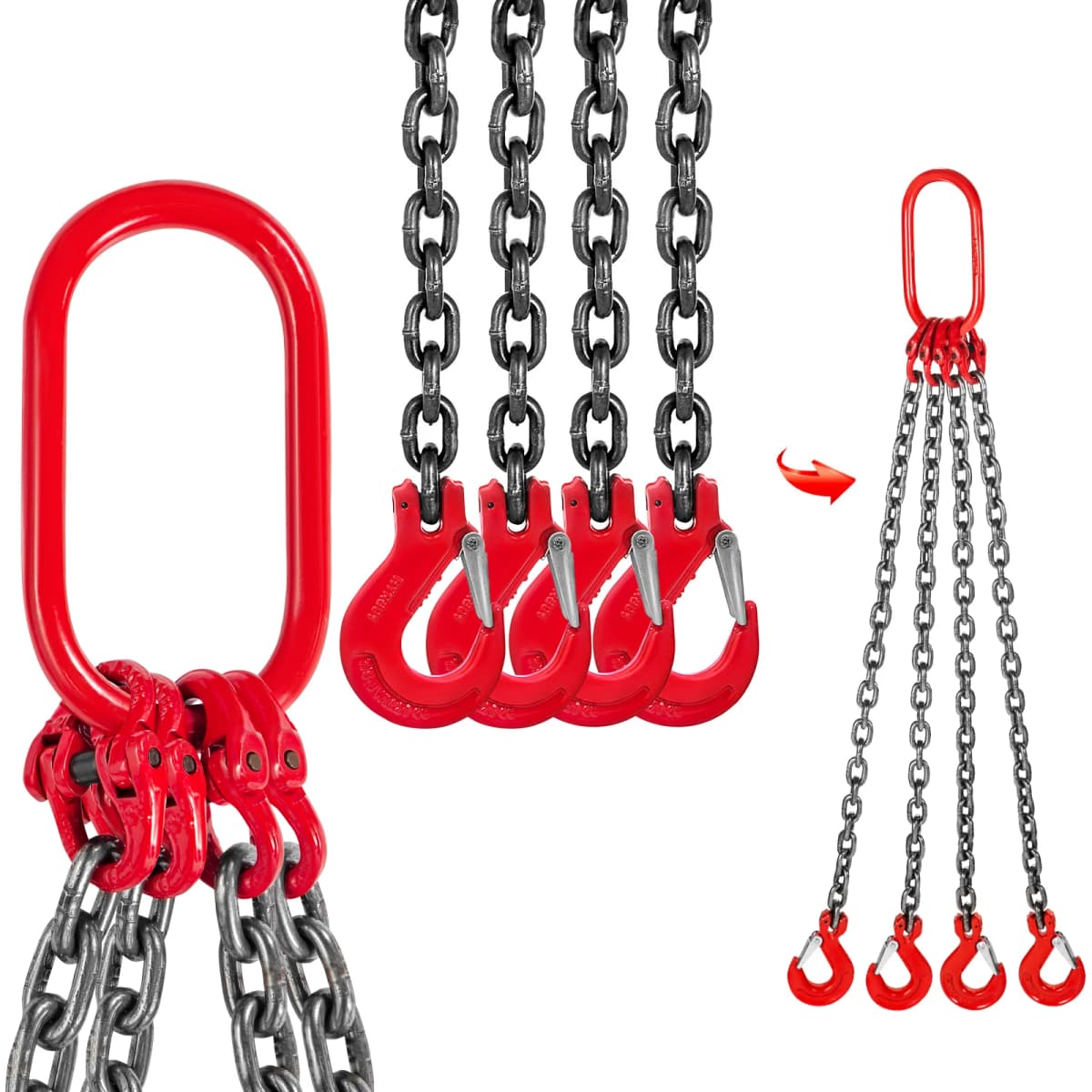 SucceBuy 4T Chain Sling 1M x 8MM Four Legs with Powder Coating Steel Hook - Grade 80 High Temperature Resistance for Lifting
