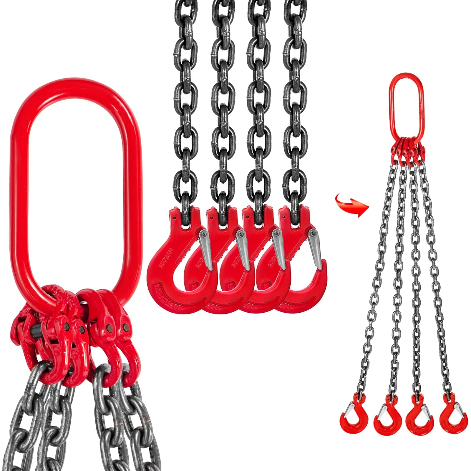 SucceBuy 4T Chain Sling 1M x 8MM Four Legs with Powder Coating Steel Hook - Grade 80 High Temperature Resistance for Lifting