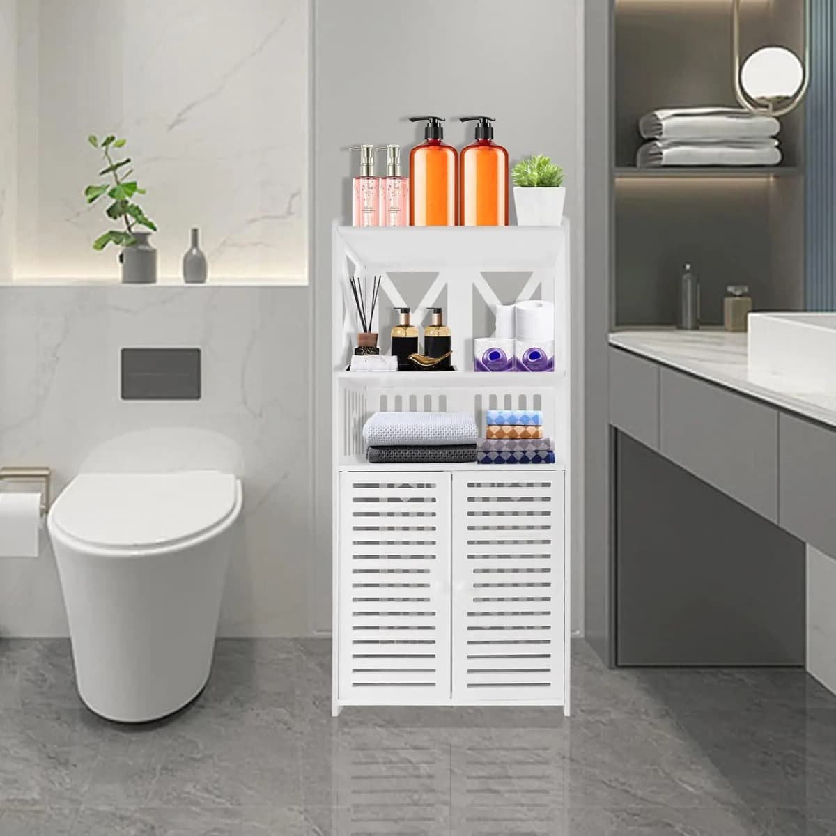 BRIEFNESS Bathroom Cabinet Waterproof Floor Standing PVC Storage Cabinet Storage Cabinet with Double Doors and 3 Shelves