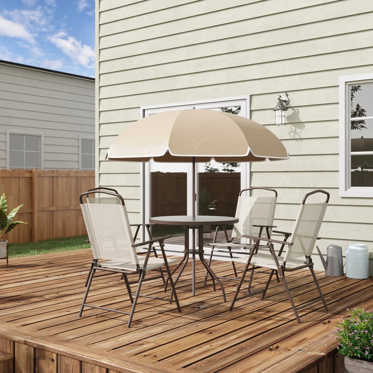 Outsunny 6 Piece Garden Dining Set with Umbrella, Patio Sets with Parasol with 4 Dining Chairs & Tempered Glass Table