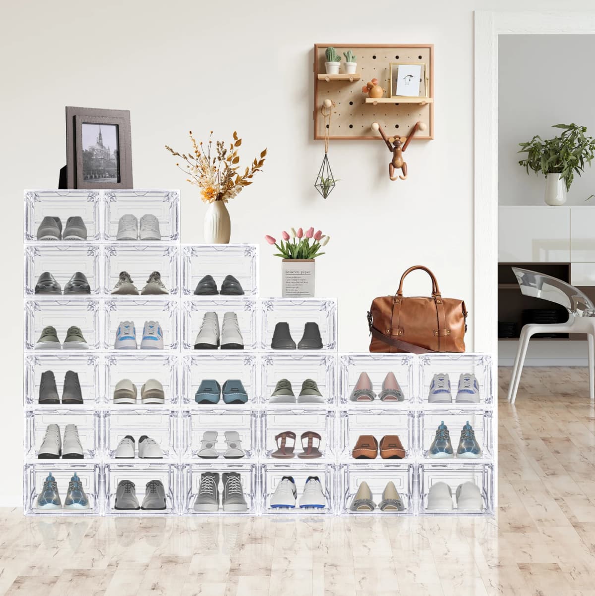 6/9/12x Transparent Shoe Storage Boxes Hard Plastic Stackable Shoe Box Organiser with Magnetic Door, Stackable Shoe Storage Box