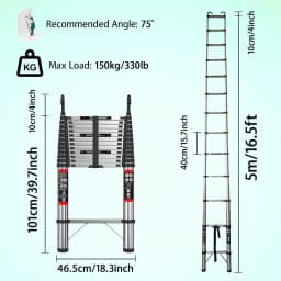 5M/16.5FT Telescoping Ladder with Hooks, Multifunction Stainless Steel EN131 Collapsible Extension Ladder for Indoor/Outdoor