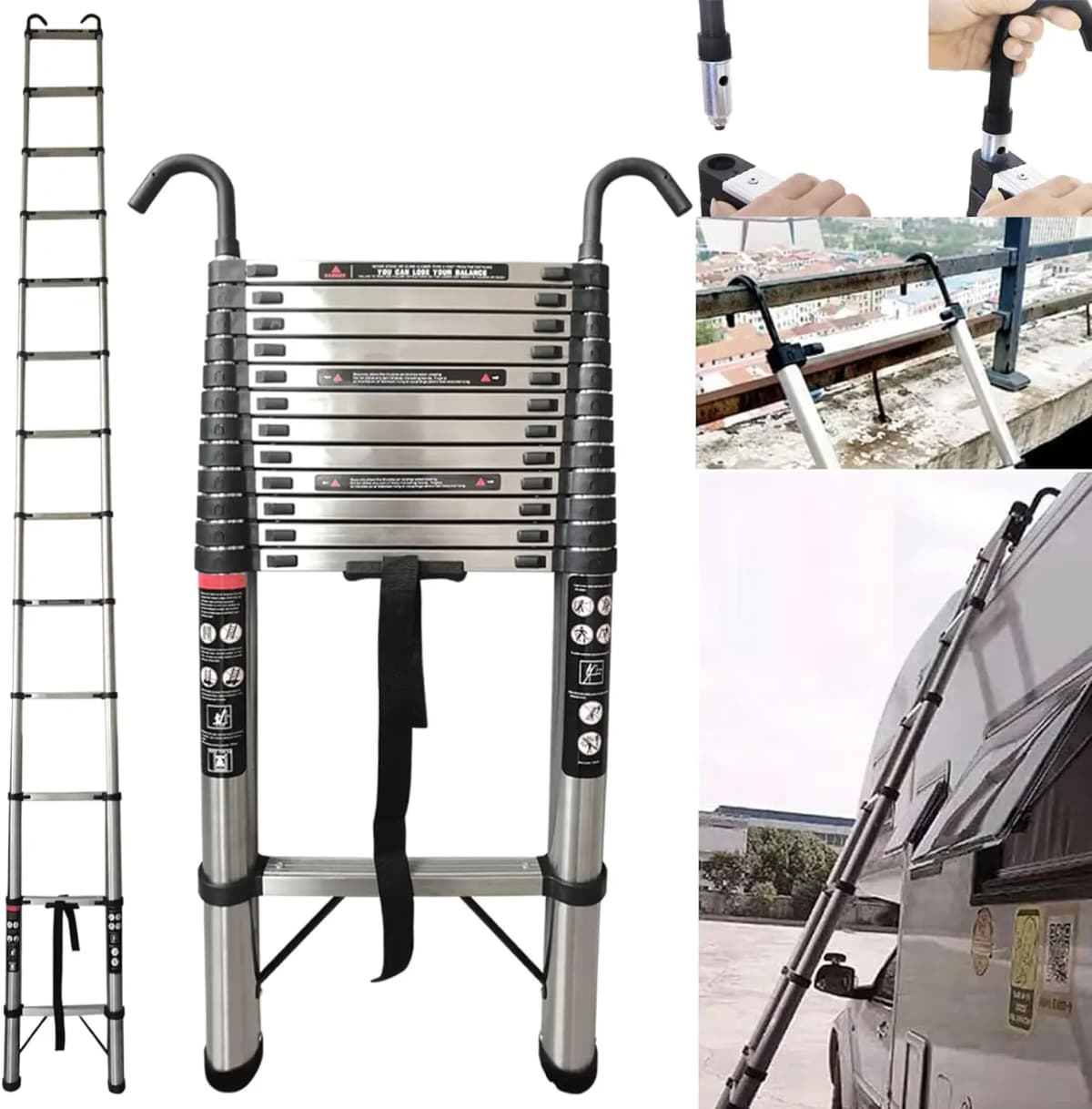 5M/16.5FT Telescoping Ladder with Hooks, Multifunction Stainless Steel EN131 Collapsible Extension Ladder for Indoor/Outdoor