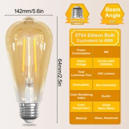 6pack Vintage Light Bulbs 6W ST64 E27 Edison Screw Bulb 2700K LED Bulb Warm White Antique Style Retro Amber Glass Filament Lamp