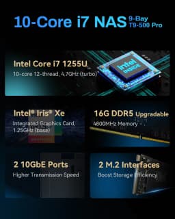 TERRAMASTER T9-500 Pro NAS Storage - 9Bay Core i7 1255U 10 Cores 12 Threads CPU, 16GB DDR5, Network Attached Storage (Diskless))