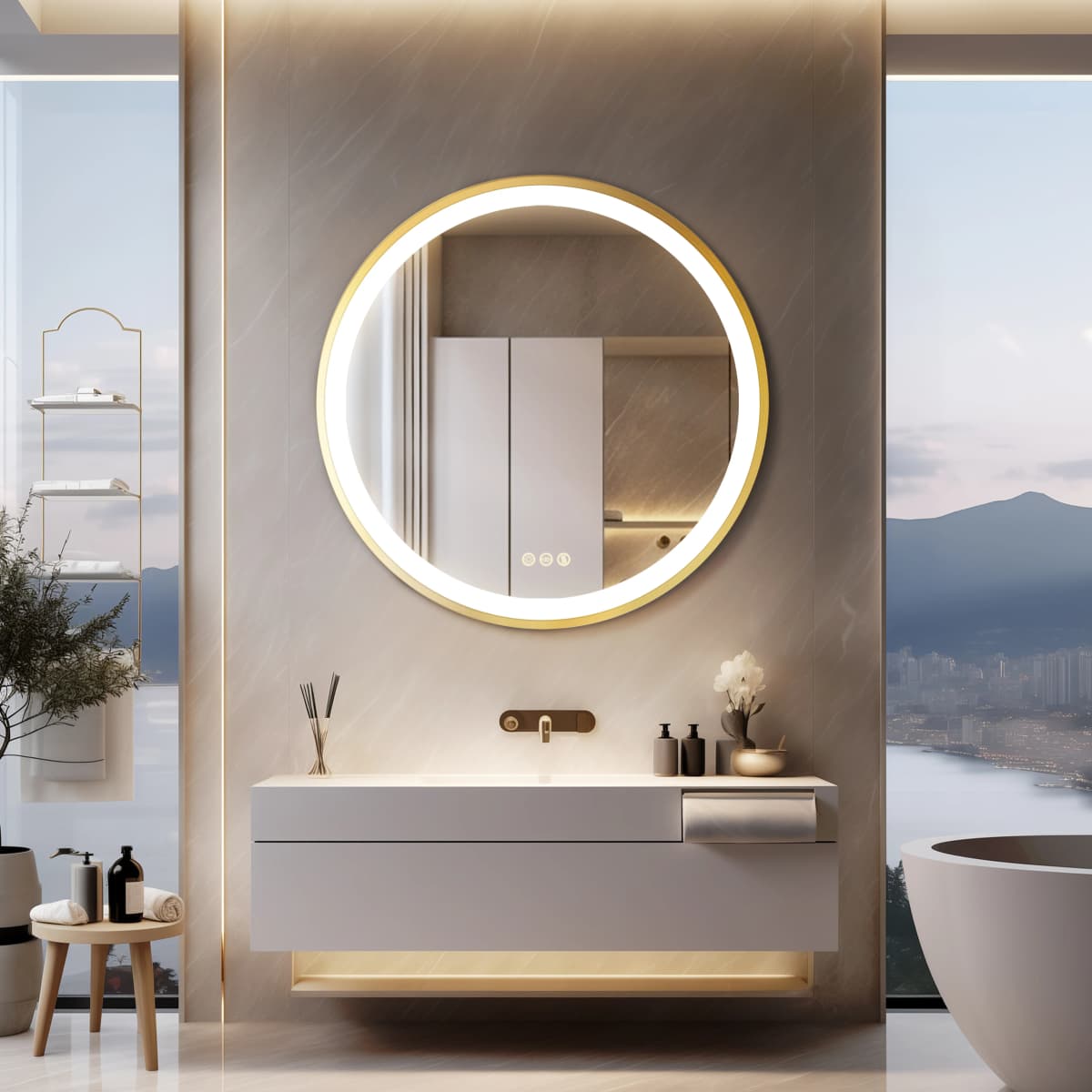 Wisfor Gold Round Aluminum Frame Bathroom Mirror 24" Lighted Smart Touch Switch 3 Color Dimmable light Anti-Fog Makeup Mirror