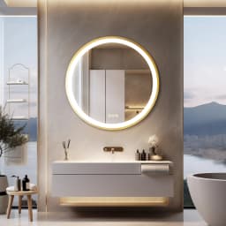 Wisfor Gold Round Aluminum Frame Bathroom Mirror 24" Lighted Smart Touch Switch 3 Color Dimmable light Anti-Fog Makeup Mirror