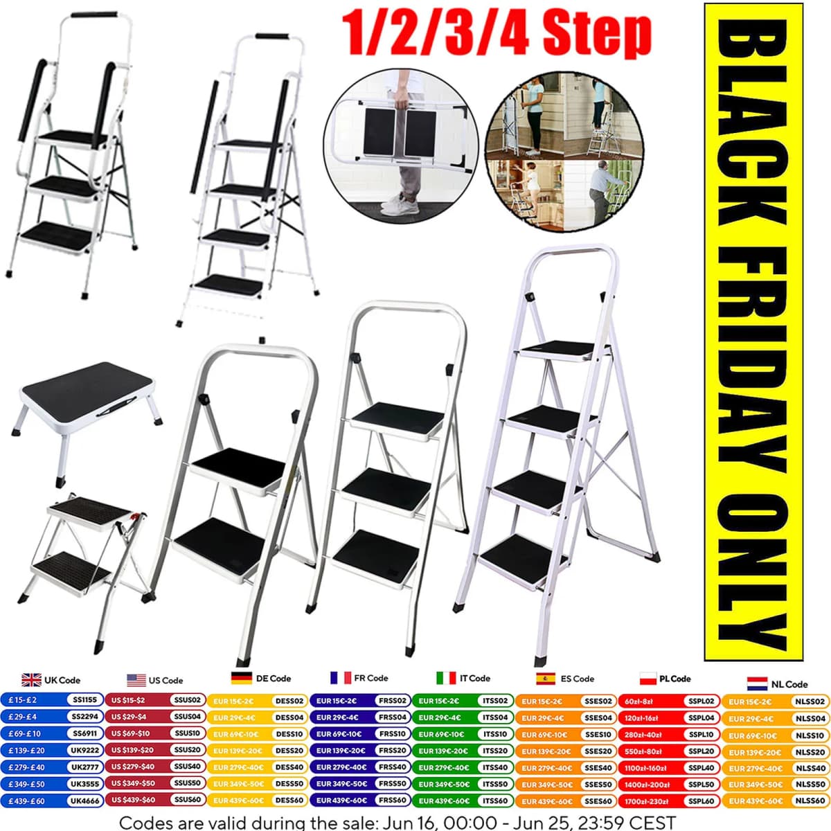 Folding Steel Step Ladder Heavy Duty Stool Seat Portable Ladder Metal Foot With Safety Non Slip Rubber For Office Garage Home