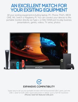ARZOPA Portable Monitor 17.3'' 1080P HDR IPS Kickstand Speakers for PC Mac Phone Xbox Switch PS HDMI USB External Laptop Screen