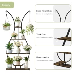 Vase Shape Tall Planter Display Rack Metal Garden Plant Stand with 5 Tiers and Hangers