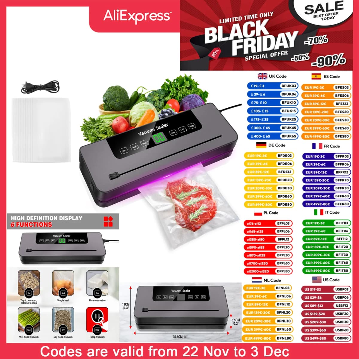DayPlus Vacuum Sealer Machine Electric Sealing Machine Automatic Food Dry Wet Vaccum Packing Saver With 10 Free Sealing Bags