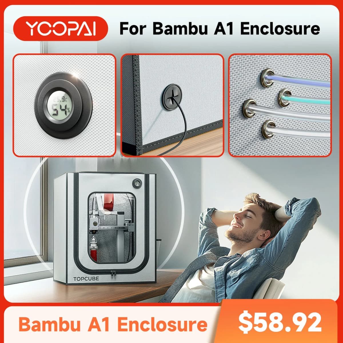 Yoopai 3D Printer Enclosure for Bambu Lab A1 3D Printer House Cover with LED Light Constant Temperature Large 550 X 600 X 670mm