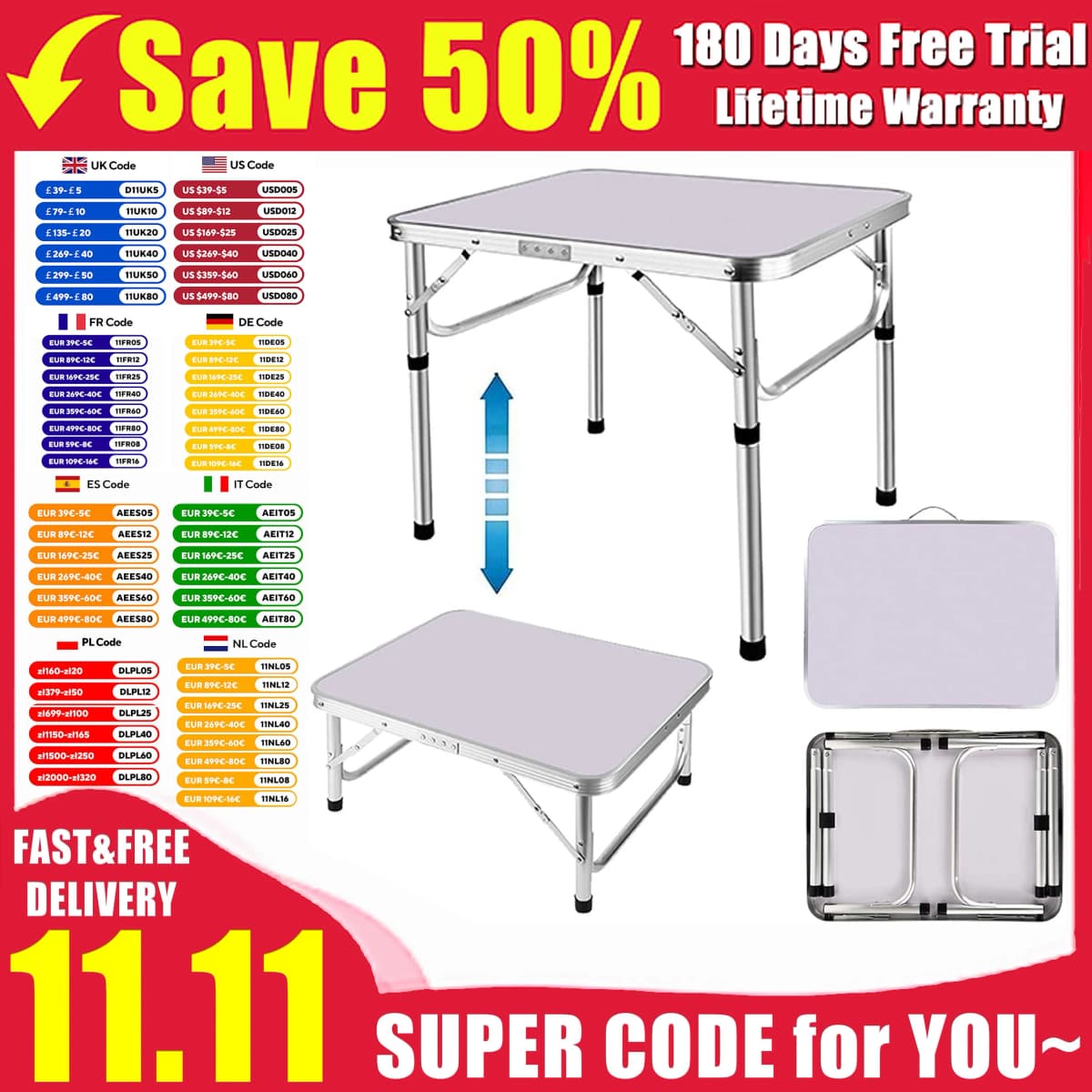EFAN Portable Folding Camping Table 2FT, Aluminum Computer Desk Party Table, Small Lightweight with 2 Adjustable Height 67/37cm
