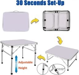EFAN Portable Folding Camping Table 2FT, Aluminum Computer Desk Party Table, Small Lightweight with 2 Adjustable Height 67/37cm