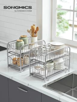 SONGMICS Cupboard Organiser, 2-Tier Under Sink Storage Organiser with Sliding Basket Drawers, Stackable, for Kitchen, Bathroom