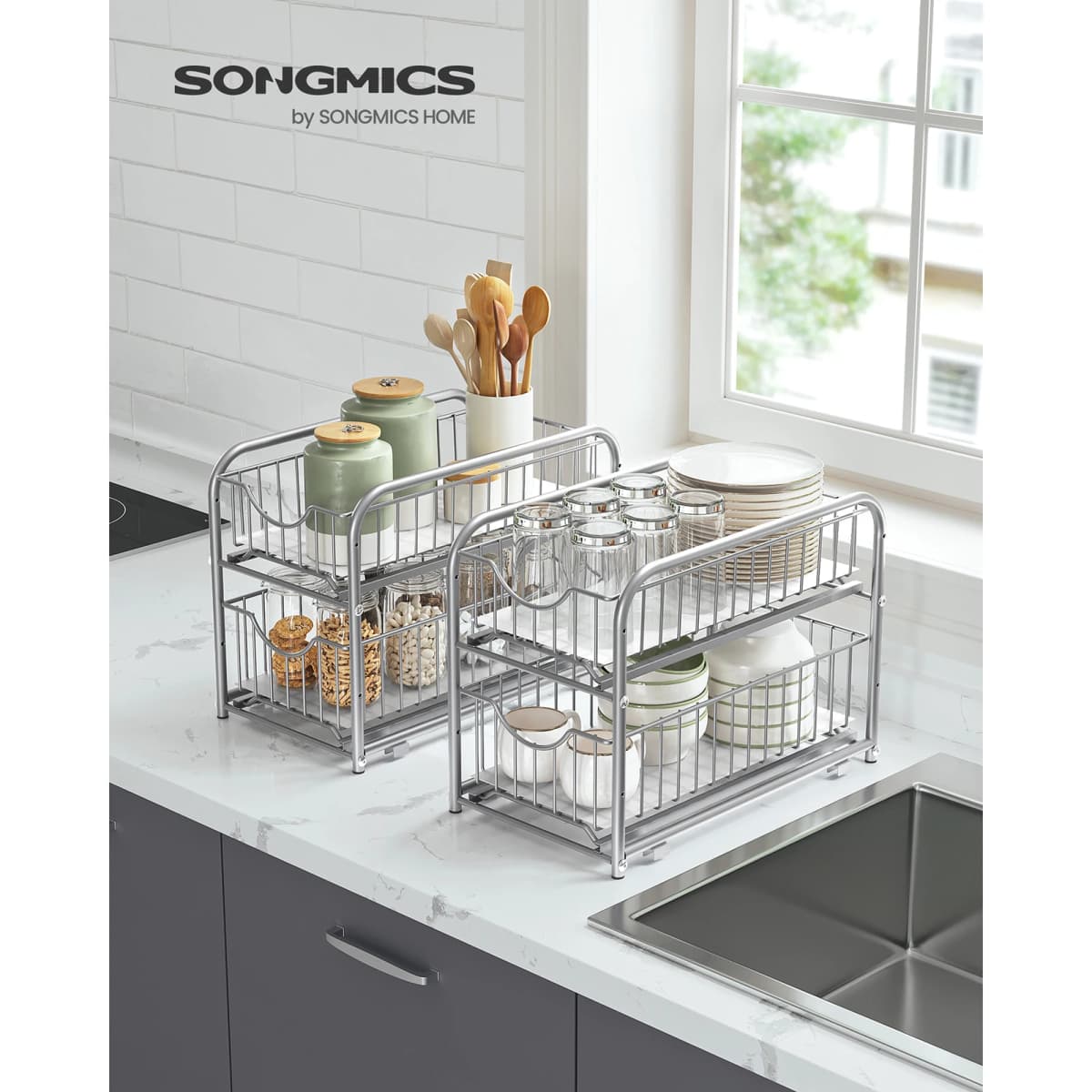 SONGMICS Cupboard Organiser, 2-Tier Under Sink Storage Organiser with Sliding Basket Drawers, Stackable, for Kitchen, Bathroom