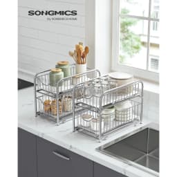 SONGMICS Cupboard Organiser, 2-Tier Under Sink Storage Organiser with Sliding Basket Drawers, Stackable, for Kitchen, Bathroom