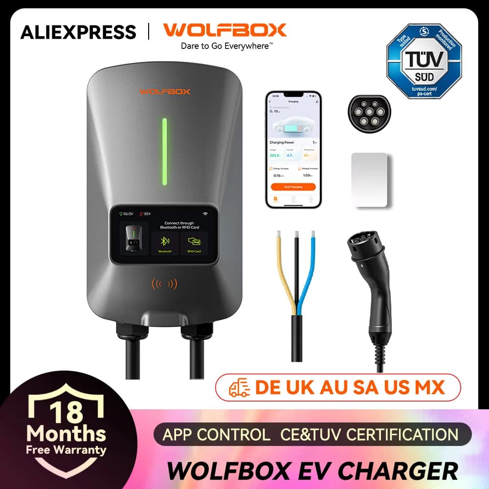 WOLFBOX EV Charging Station Type 2 7KW 32A 1 Phase Electric Vehicle Car Charger Wallbox with LCD Screen APP Control RFID Card