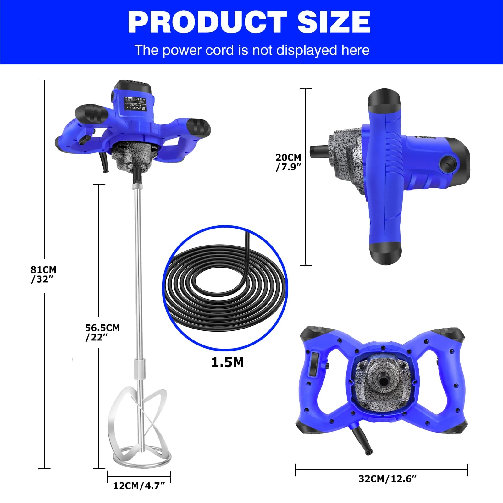 2600W Portable Paddle Mixer 6 Speed, Electric Stirrer Drill Mix Stirring Tool for Mortar Grouts Paint Cement Plaster Plastering