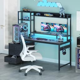 Coleshome Gaming Desk with Drawers & Display Shelves, Computer Desk with LED Lights & Sockets, 120×48 cm, Carbon Fiber Black