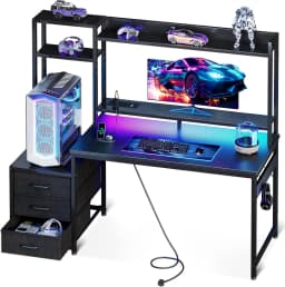 Coleshome Gaming Desk with Drawers & Display Shelves, Computer Desk with LED Lights & Sockets, 120×48 cm, Carbon Fiber Black
