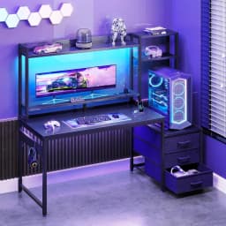 Coleshome Gaming Desk with Drawers & Display Shelves, Computer Desk with LED Lights & Sockets, 120×48 cm, Carbon Fiber Black