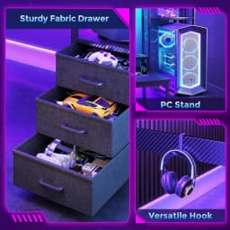 Coleshome Gaming Desk with Drawers & Display Shelves, Computer Desk with LED Lights & Sockets, 120×48 cm, Carbon Fiber Black