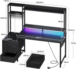Coleshome Gaming Desk with Drawers & Display Shelves, Computer Desk with LED Lights & Sockets, 120×48 cm, Carbon Fiber Black