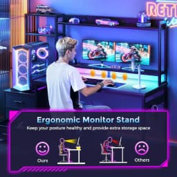 Coleshome Gaming Desk with Drawers & Display Shelves, Computer Desk with LED Lights & Sockets, 120×48 cm, Carbon Fiber Black