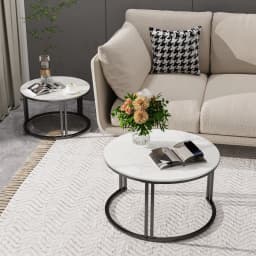 Circle Nesting Coffee Table Set of 2, Modern Chic Round Nested Center Coffee Table with Sinter Stone-top Stacked Sofa Side Table