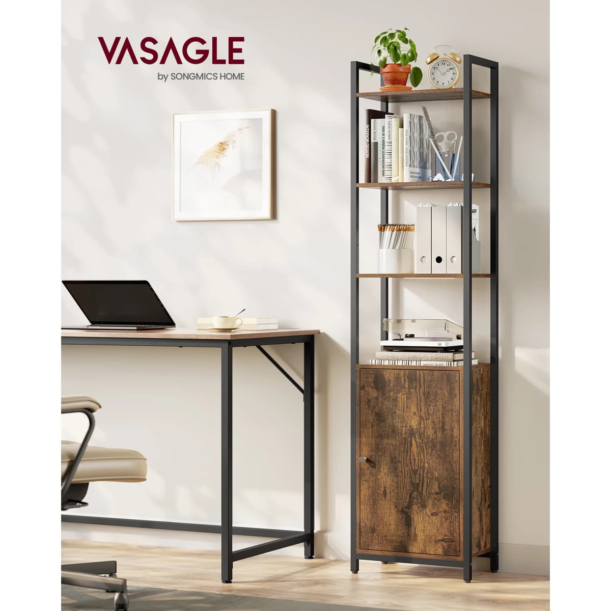 VASAGLE 6-Tier Bookcase, Tall Bookshelf with Door, Metal Frame, Adjustable Shelves, 24 x 40 x 159.5 cm