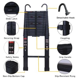 Aluminium Extendable ladder with 2 Detachable Hooks, Non-slip Multi-purpose for Home and Outdoor, 150kg Load Capacity, EN131