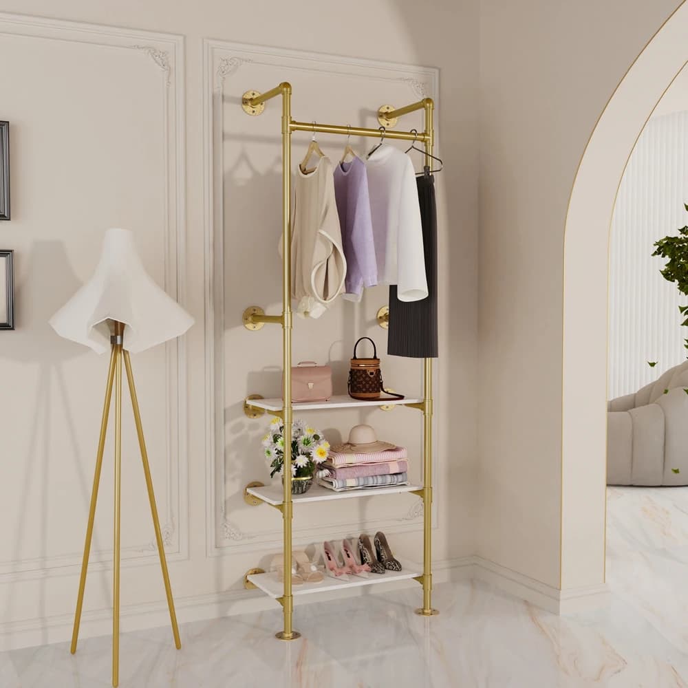 Wall Mounted Clothes Rack Industrial Pipe Gold Garment Rack with 3 Tier Shelves