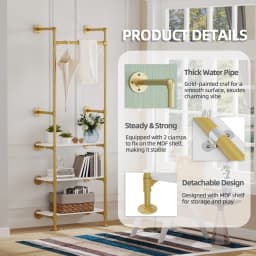 Wall Mounted Clothes Rack Industrial Pipe Gold Garment Rack with 3 Tier Shelves