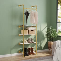 Wall Mounted Clothes Rack Industrial Pipe Gold Garment Rack with 3 Tier Shelves