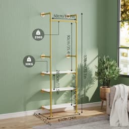 Wall Mounted Clothes Rack Industrial Pipe Gold Garment Rack with 3 Tier Shelves