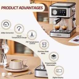 Cafelffe Espresso Coffee Machines Stainless Steel with Milk Frother Steam Wand Semi-Automatic Cappuccino Maker 20Bar Cafetera